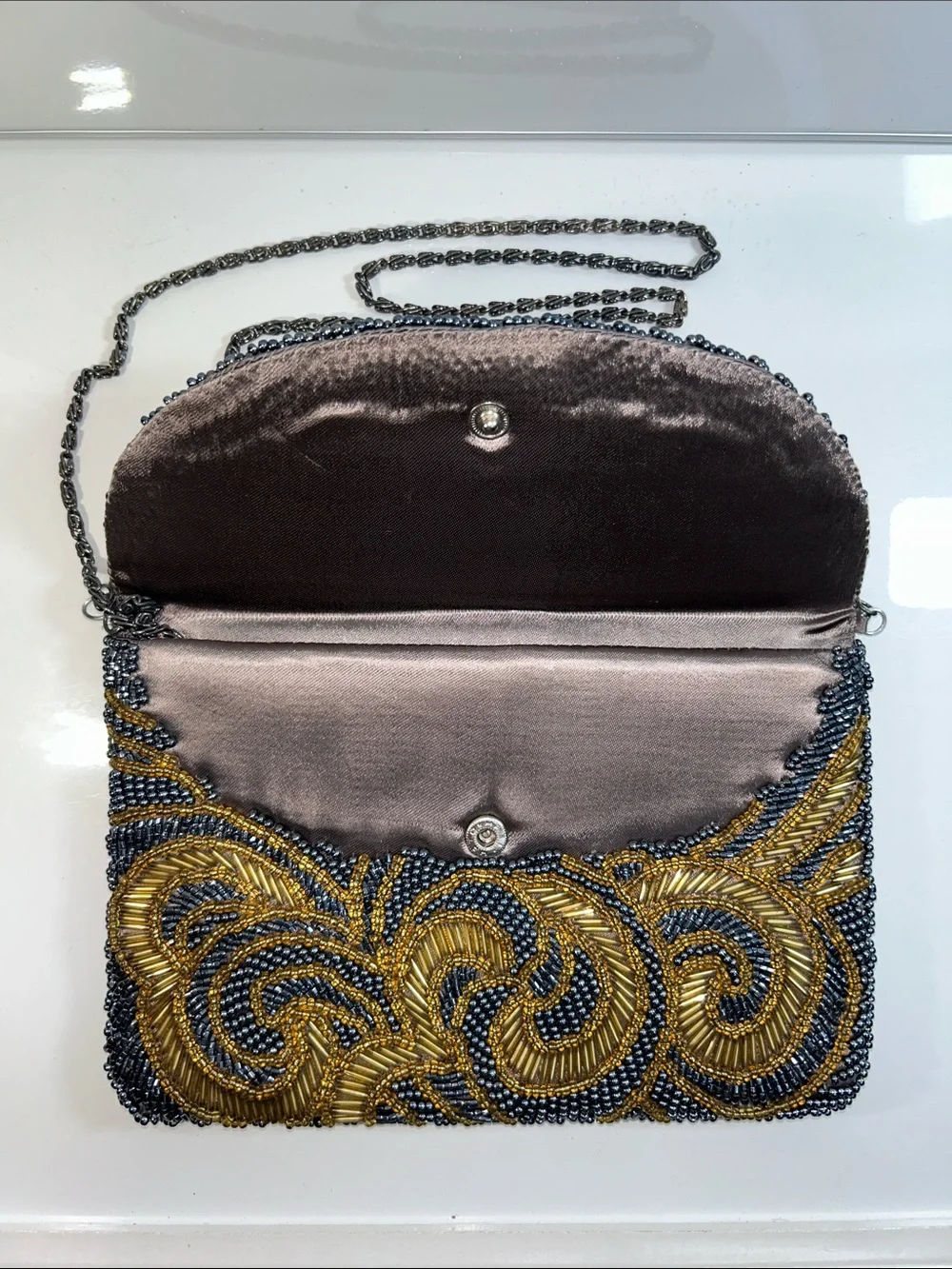 Vintage Handmade Beaded Evening Clutch Shoulder Bag With Chain Handle